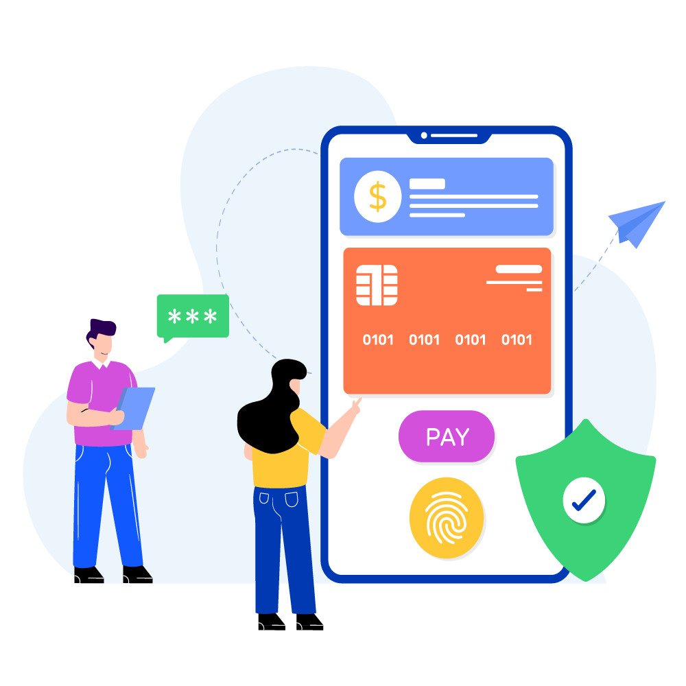 Illustration of people making a payment using a mobile app